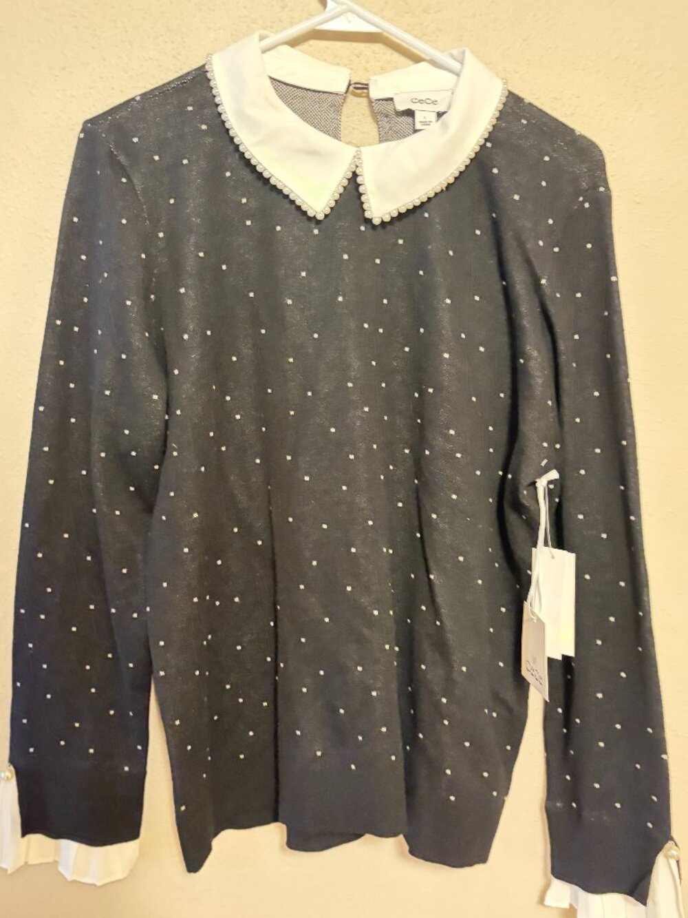 NWT CeCe Faux Pearl Peter Pan Collar Sweater Rich Black Size L